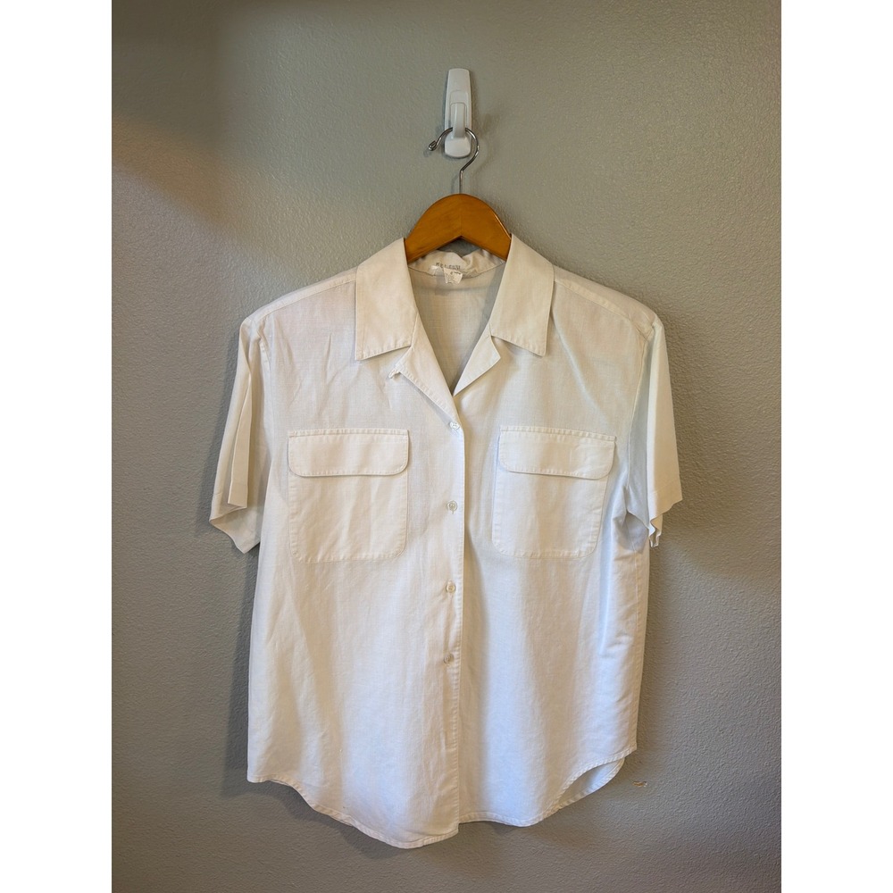 Laura & Jayne Button Down Shirt Women 6 White Linen Blend Short Sleeve Vtg